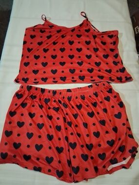 Red Heart Print Satin Pajama Set Sz 2xl